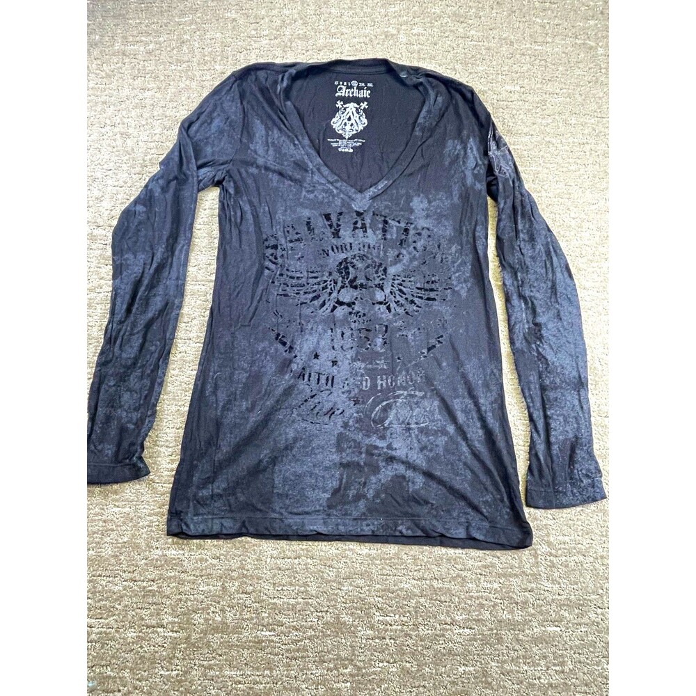 Archaic affliction women’s V-Neck Long Sleeve Graphic Logo T-Shirt Black Gray XL